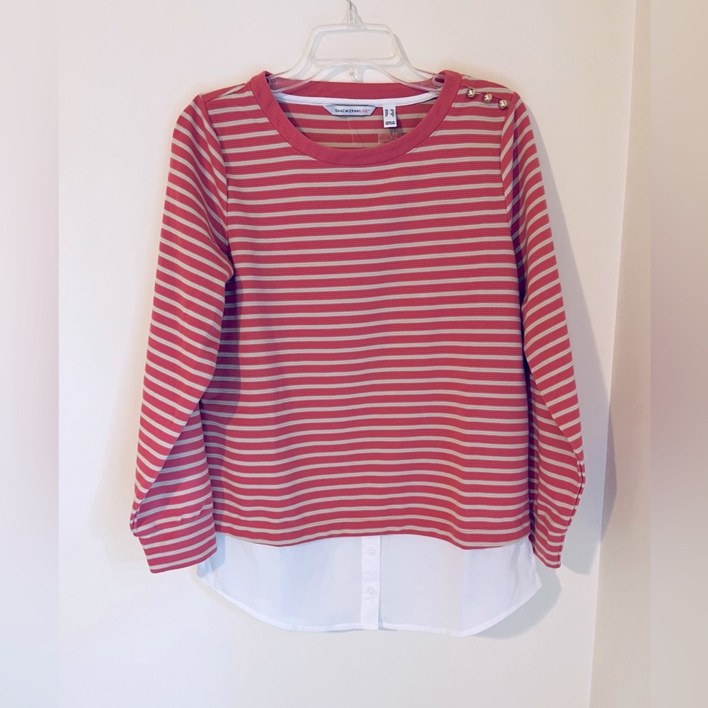 Isaac Mizrahi Live! Ribbed Crew Neck Layered Top, With Shirt Hem Accent, NWOT